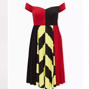 Torrid Red, Black, and Yellow Off-Shoulder Midi Dress